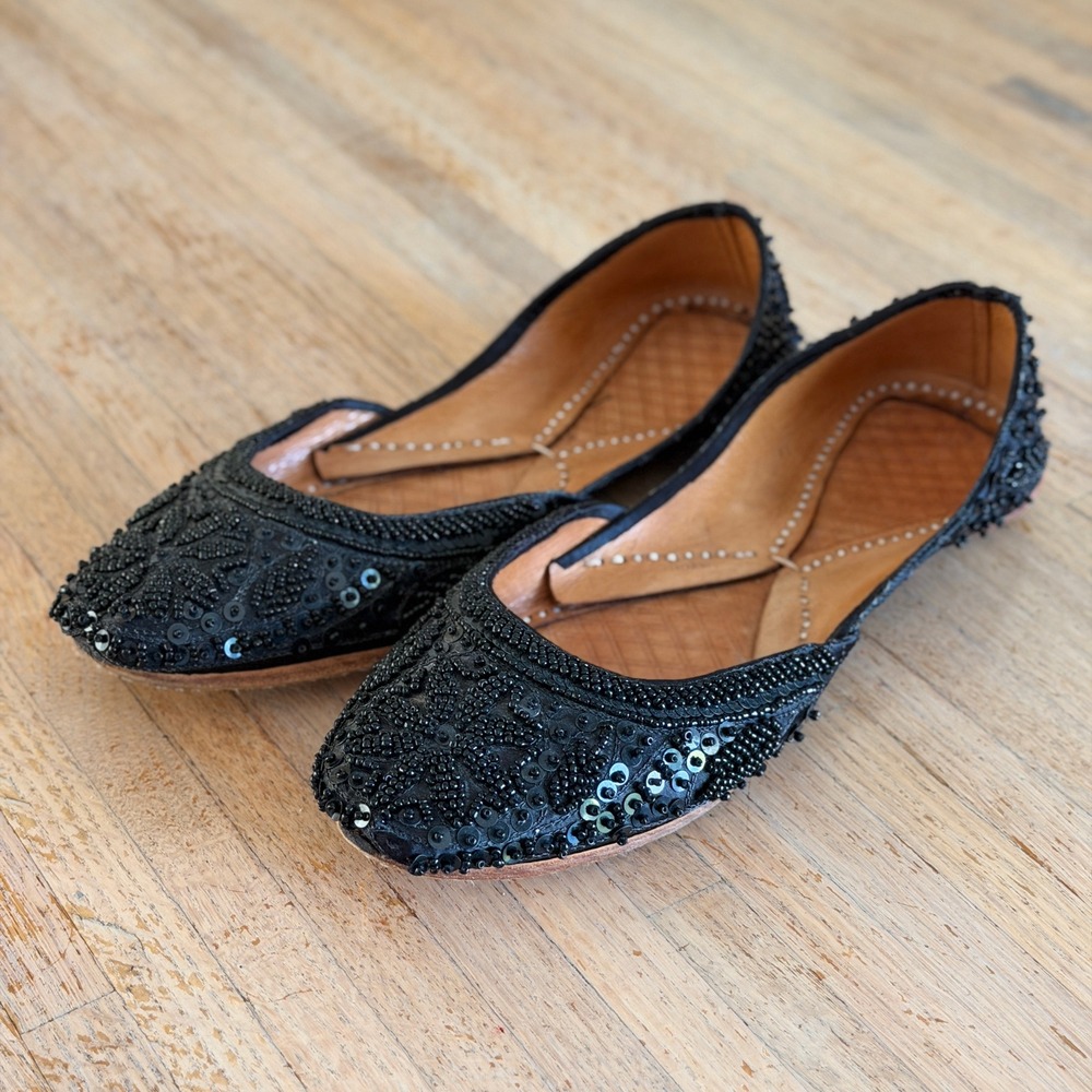 Womens Black Beaded Sequin Jutti Flats Handcrafted Ethnic Khussa Shoes Size 10
